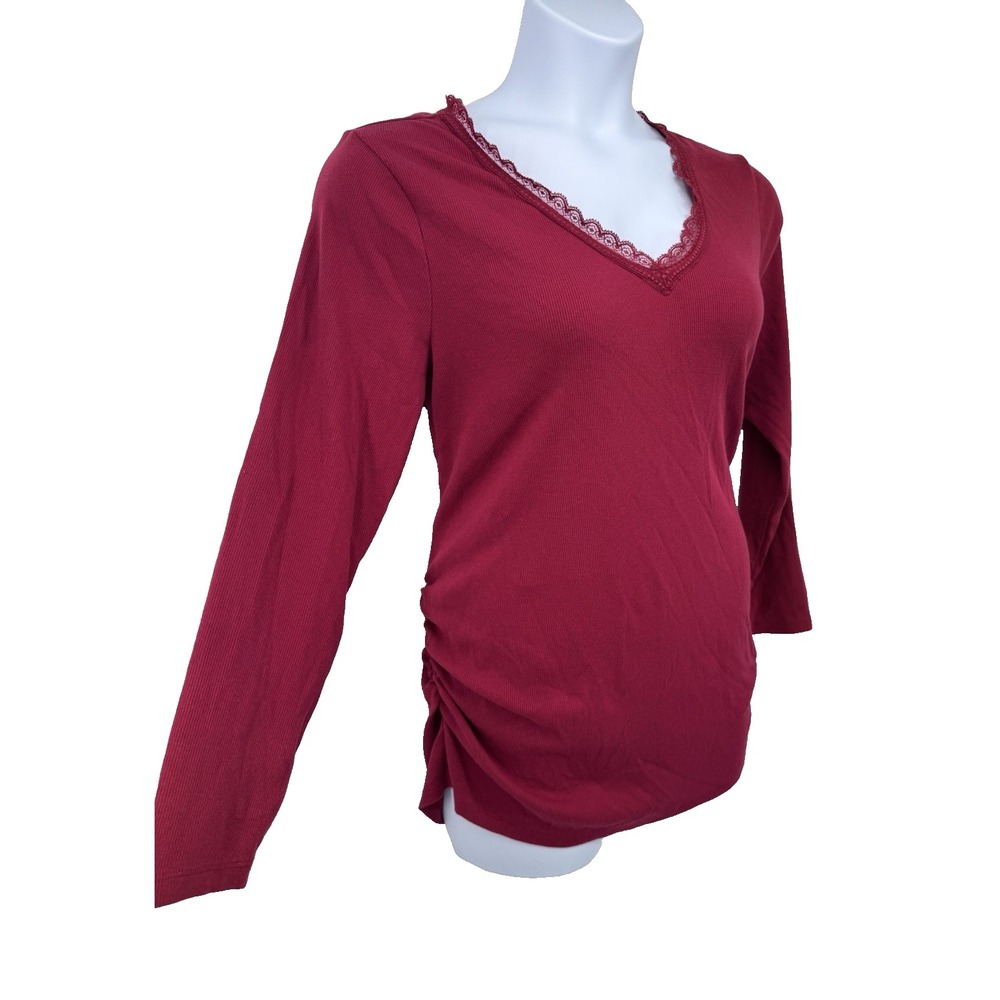 Old Navy Maternity Top Henley Lace V Neck long Sleeve XL Red  Ribbed Fitted